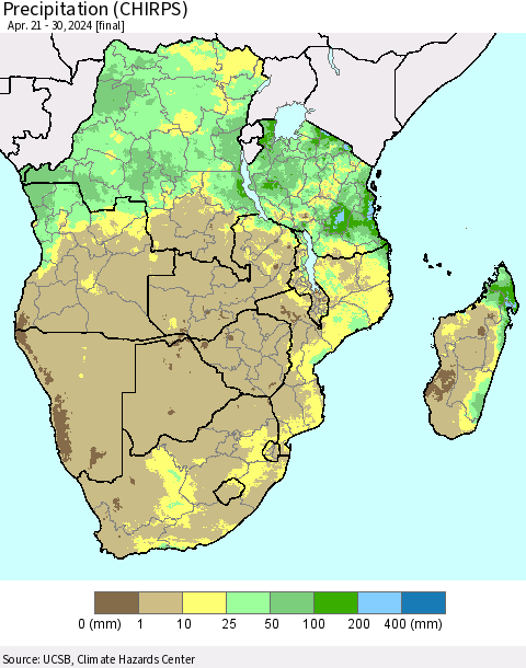 Southern Africa Precipitation (CHIRPS) Thematic Map For 4/21/2024 - 4/30/2024