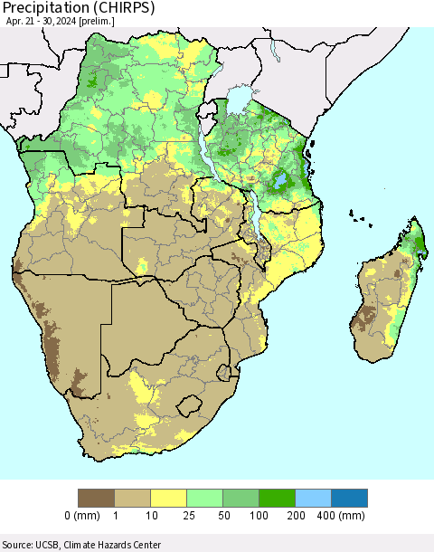 Southern Africa Precipitation (CHIRPS) Thematic Map For 4/21/2024 - 4/30/2024