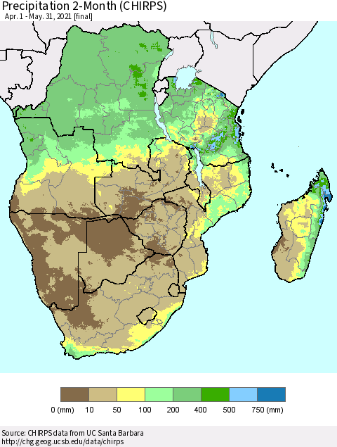 Southern Africa Precipitation 2-Month (CHIRPS) Thematic Map For 4/1/2021 - 5/31/2021