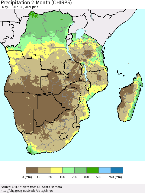 Southern Africa Precipitation 2-Month (CHIRPS) Thematic Map For 5/1/2021 - 6/30/2021