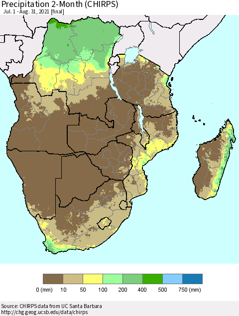 Southern Africa Precipitation 2-Month (CHIRPS) Thematic Map For 7/1/2021 - 8/31/2021