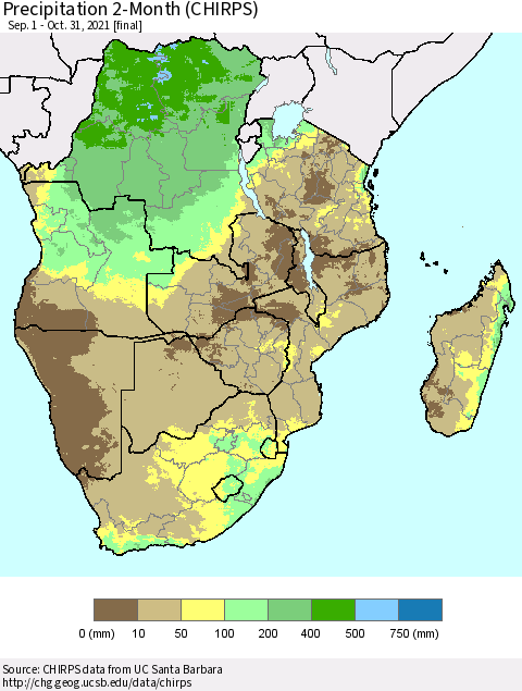 Southern Africa Precipitation 2-Month (CHIRPS) Thematic Map For 9/1/2021 - 10/31/2021
