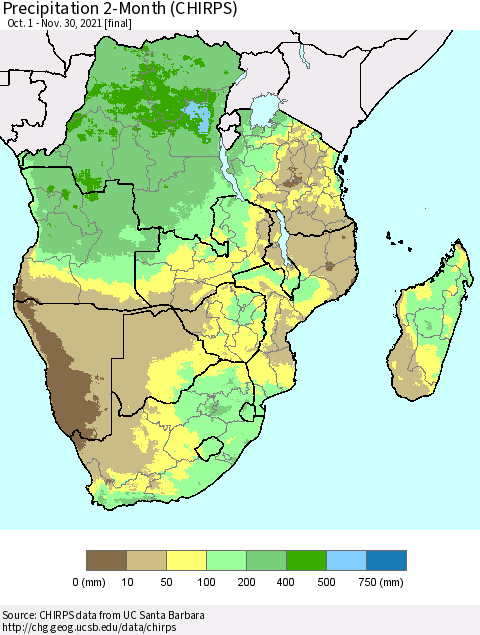 Southern Africa Precipitation 2-Month (CHIRPS) Thematic Map For 10/1/2021 - 11/30/2021