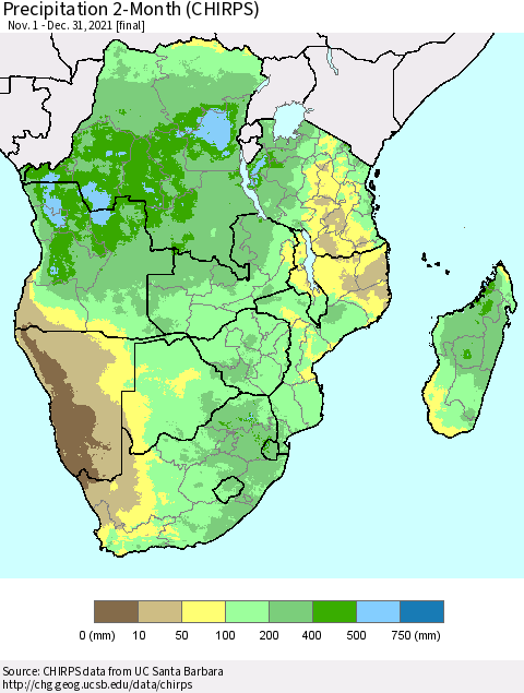 Southern Africa Precipitation 2-Month (CHIRPS) Thematic Map For 11/1/2021 - 12/31/2021