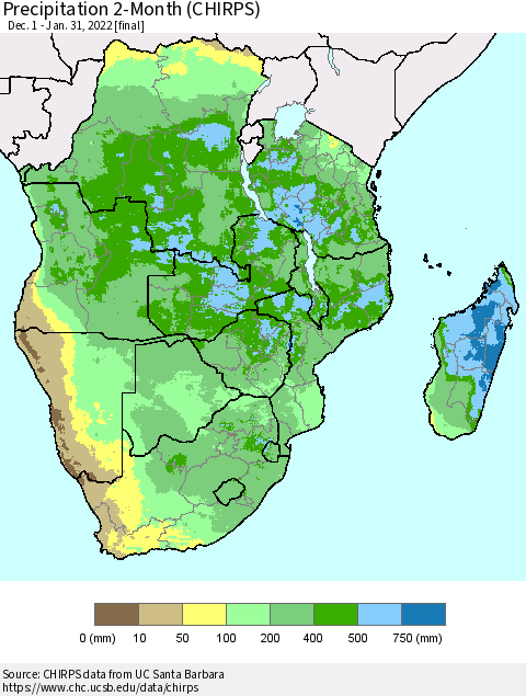 Southern Africa Precipitation 2-Month (CHIRPS) Thematic Map For 12/1/2021 - 1/31/2022