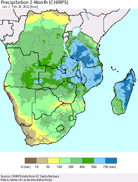 Southern Africa Precipitation 2-Month (CHIRPS) Thematic Map For 1/1/2022 - 2/28/2022