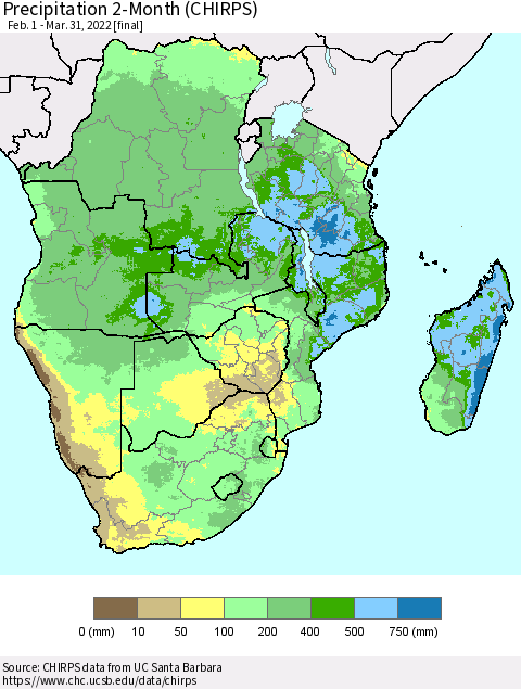 Southern Africa Precipitation 2-Month (CHIRPS) Thematic Map For 2/1/2022 - 3/31/2022