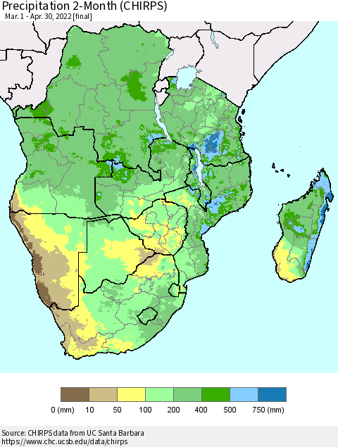 Southern Africa Precipitation 2-Month (CHIRPS) Thematic Map For 3/1/2022 - 4/30/2022