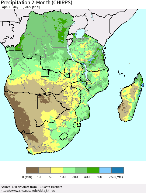 Southern Africa Precipitation 2-Month (CHIRPS) Thematic Map For 4/1/2022 - 5/31/2022