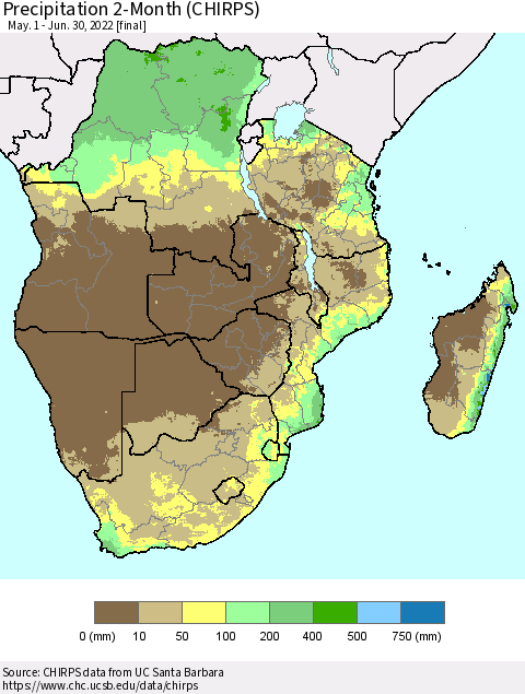 Southern Africa Precipitation 2-Month (CHIRPS) Thematic Map For 5/1/2022 - 6/30/2022