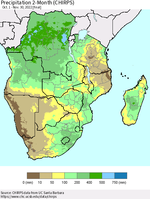 Southern Africa Precipitation 2-Month (CHIRPS) Thematic Map For 10/1/2022 - 11/30/2022