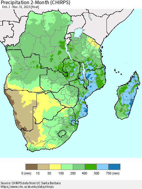 Southern Africa Precipitation 2-Month (CHIRPS) Thematic Map For 2/1/2023 - 3/31/2023