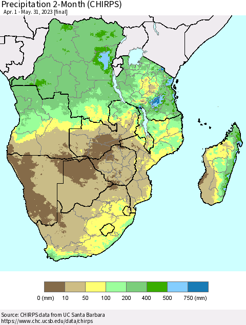 Southern Africa Precipitation 2-Month (CHIRPS) Thematic Map For 4/1/2023 - 5/31/2023