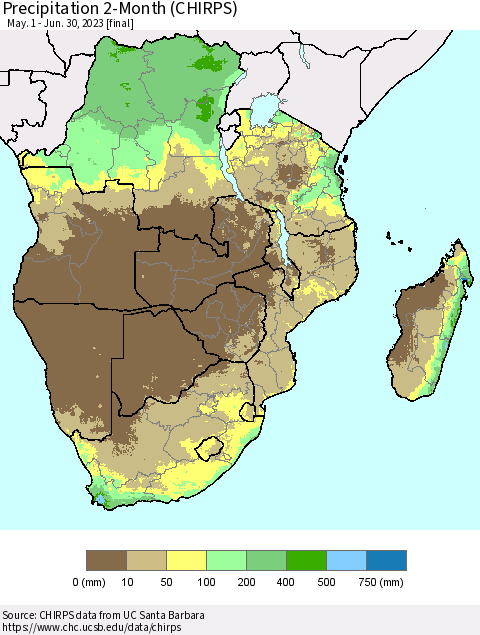 Southern Africa Precipitation 2-Month (CHIRPS) Thematic Map For 5/1/2023 - 6/30/2023