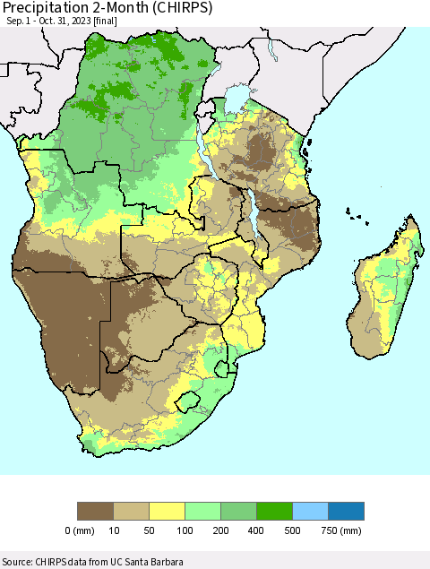 Southern Africa Precipitation 2-Month (CHIRPS) Thematic Map For 9/1/2023 - 10/31/2023