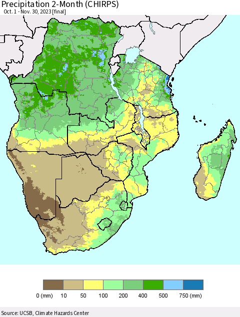 Southern Africa Precipitation 2-Month (CHIRPS) Thematic Map For 10/1/2023 - 11/30/2023