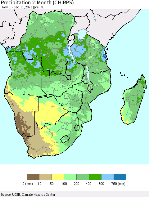 Southern Africa Precipitation 2-Month (CHIRPS) Thematic Map For 11/1/2023 - 12/31/2023