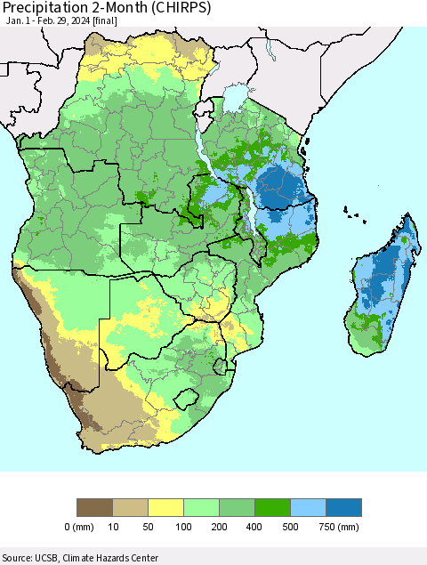 Southern Africa Precipitation 2-Month (CHIRPS) Thematic Map For 1/1/2024 - 2/29/2024