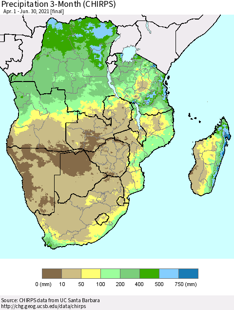 Southern Africa Precipitation 3-Month (CHIRPS) Thematic Map For 4/1/2021 - 6/30/2021