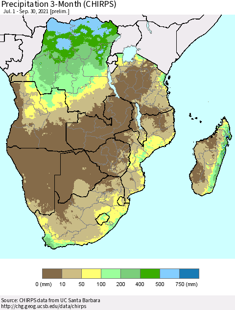 Southern Africa Precipitation 3-Month (CHIRPS) Thematic Map For 7/1/2021 - 9/30/2021