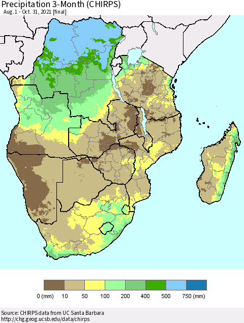 Southern Africa Precipitation 3-Month (CHIRPS) Thematic Map For 8/1/2021 - 10/31/2021