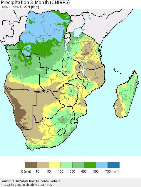 Southern Africa Precipitation 3-Month (CHIRPS) Thematic Map For 9/1/2021 - 11/30/2021