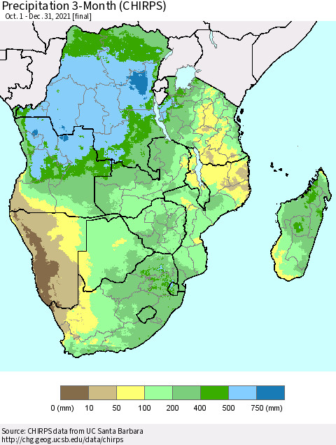 Southern Africa Precipitation 3-Month (CHIRPS) Thematic Map For 10/1/2021 - 12/31/2021