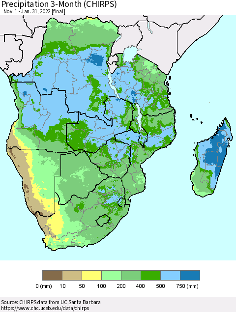 Southern Africa Precipitation 3-Month (CHIRPS) Thematic Map For 11/1/2021 - 1/31/2022