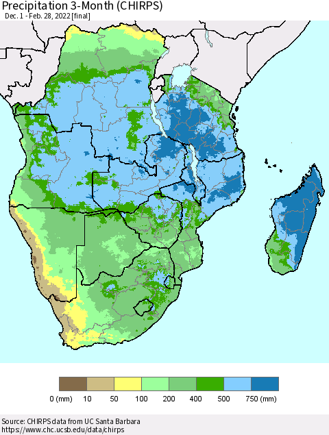 Southern Africa Precipitation 3-Month (CHIRPS) Thematic Map For 12/1/2021 - 2/28/2022