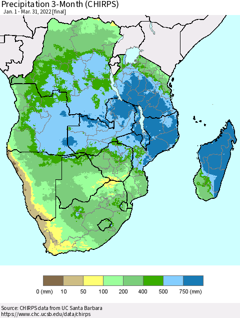 Southern Africa Precipitation 3-Month (CHIRPS) Thematic Map For 1/1/2022 - 3/31/2022