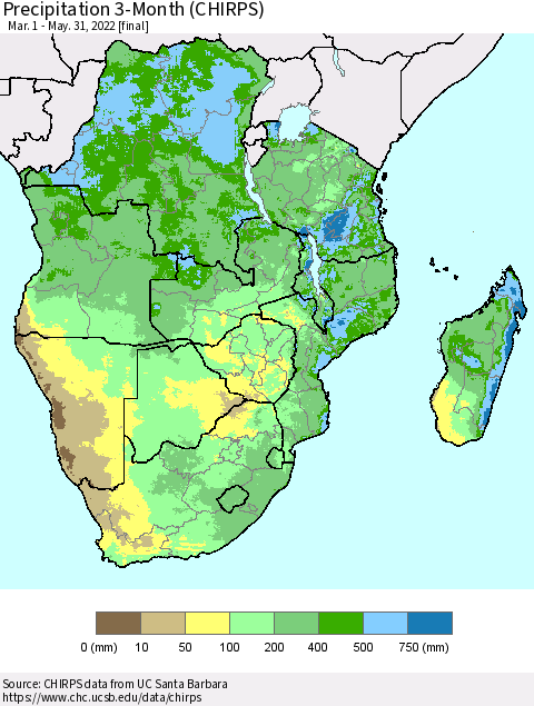 Southern Africa Precipitation 3-Month (CHIRPS) Thematic Map For 3/1/2022 - 5/31/2022