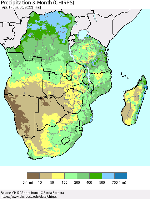 Southern Africa Precipitation 3-Month (CHIRPS) Thematic Map For 4/1/2022 - 6/30/2022