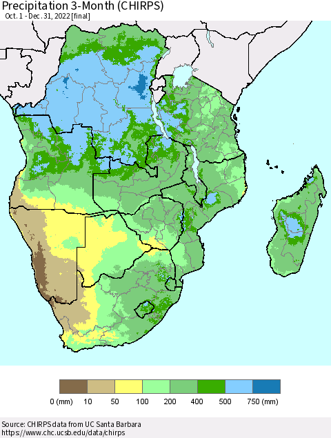 Southern Africa Precipitation 3-Month (CHIRPS) Thematic Map For 10/1/2022 - 12/31/2022