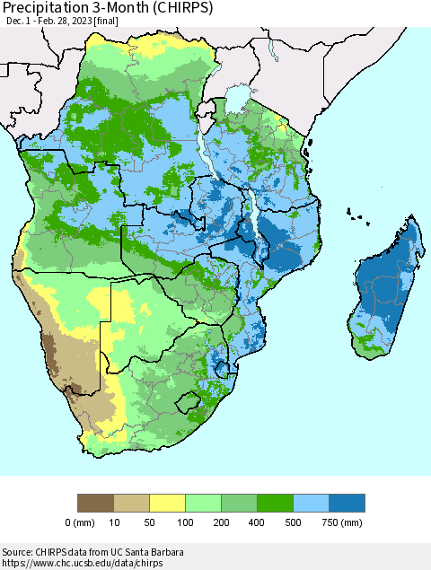 Southern Africa Precipitation 3-Month (CHIRPS) Thematic Map For 12/1/2022 - 2/28/2023