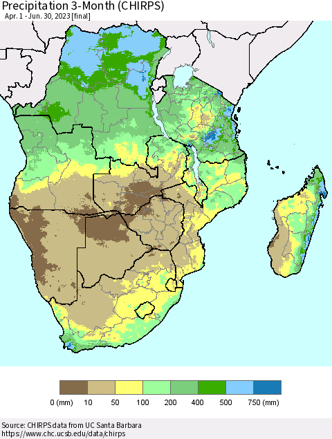 Southern Africa Precipitation 3-Month (CHIRPS) Thematic Map For 4/1/2023 - 6/30/2023