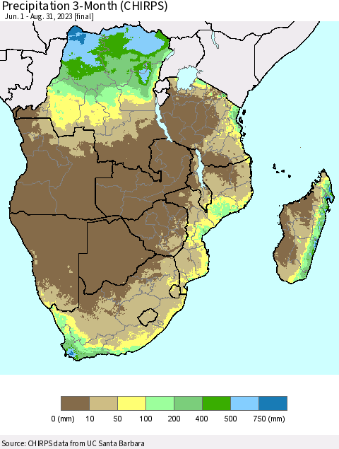 Southern Africa Precipitation 3-Month (CHIRPS) Thematic Map For 6/1/2023 - 8/31/2023