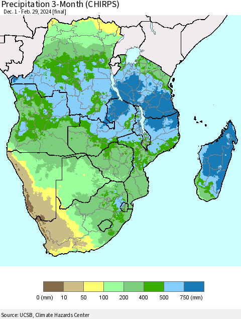Southern Africa Precipitation 3-Month (CHIRPS) Thematic Map For 12/1/2023 - 2/29/2024