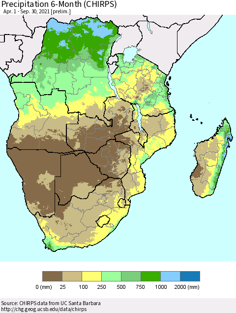 Southern Africa Precipitation 6-Month (CHIRPS) Thematic Map For 4/1/2021 - 9/30/2021