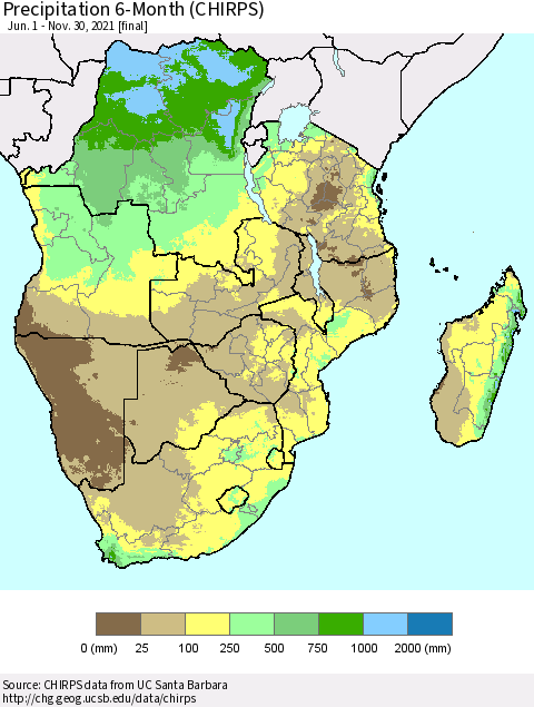 Southern Africa Precipitation 6-Month (CHIRPS) Thematic Map For 6/1/2021 - 11/30/2021