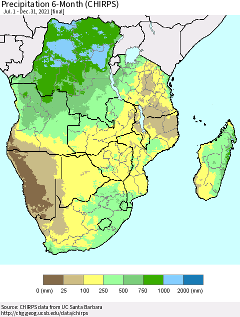 Southern Africa Precipitation 6-Month (CHIRPS) Thematic Map For 7/1/2021 - 12/31/2021