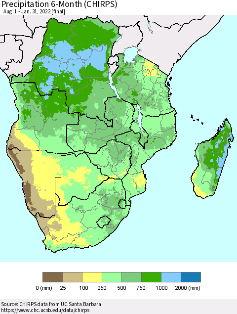 Southern Africa Precipitation 6-Month (CHIRPS) Thematic Map For 8/1/2021 - 1/31/2022