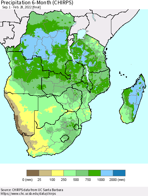 Southern Africa Precipitation 6-Month (CHIRPS) Thematic Map For 9/1/2021 - 2/28/2022