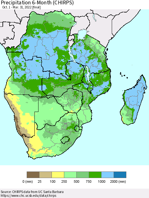 Southern Africa Precipitation 6-Month (CHIRPS) Thematic Map For 10/1/2021 - 3/31/2022