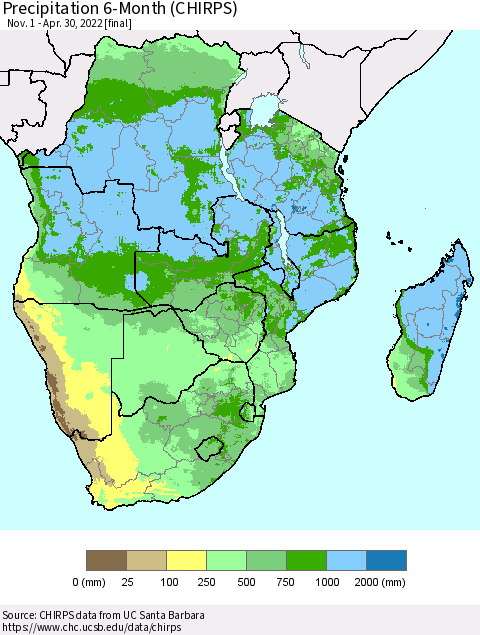 Southern Africa Precipitation 6-Month (CHIRPS) Thematic Map For 11/1/2021 - 4/30/2022