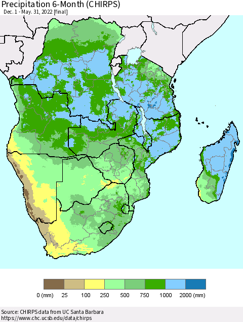 Southern Africa Precipitation 6-Month (CHIRPS) Thematic Map For 12/1/2021 - 5/31/2022