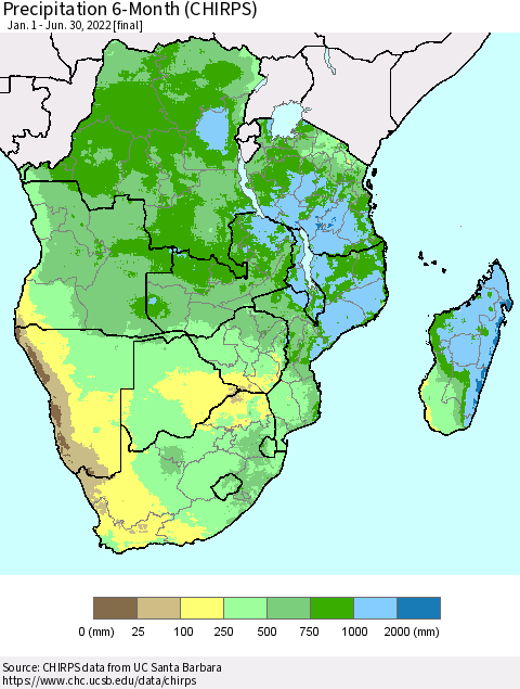 Southern Africa Precipitation 6-Month (CHIRPS) Thematic Map For 1/1/2022 - 6/30/2022