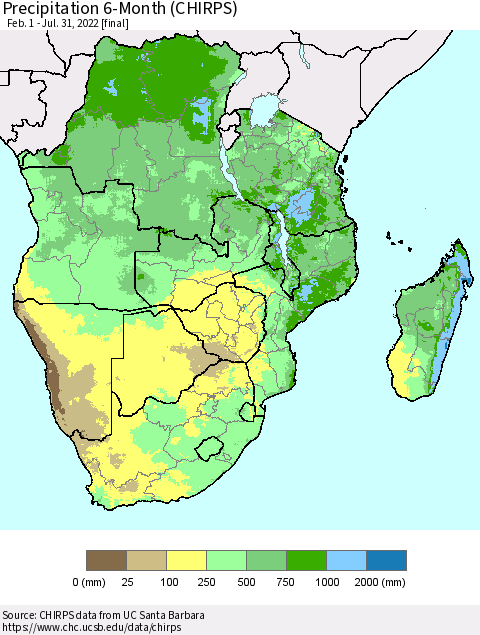 Southern Africa Precipitation 6-Month (CHIRPS) Thematic Map For 2/1/2022 - 7/31/2022