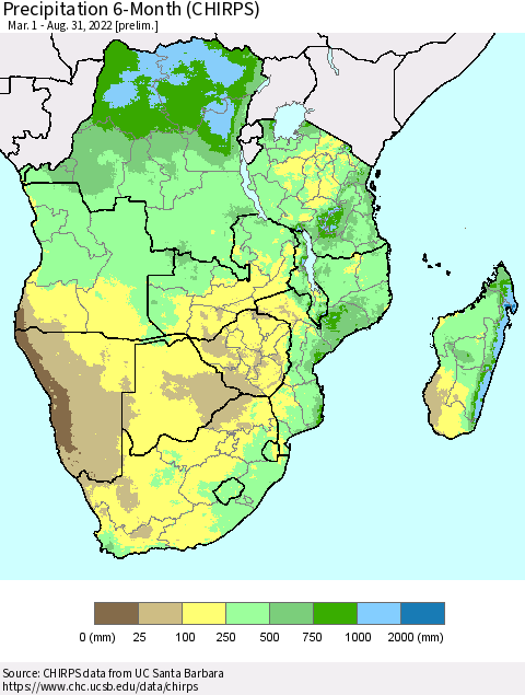 Southern Africa Precipitation 6-Month (CHIRPS) Thematic Map For 3/1/2022 - 8/31/2022