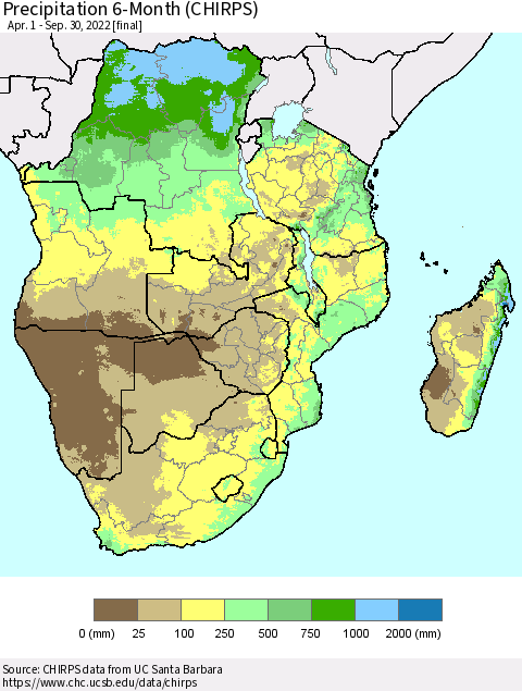 Southern Africa Precipitation 6-Month (CHIRPS) Thematic Map For 4/1/2022 - 9/30/2022