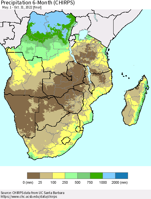 Southern Africa Precipitation 6-Month (CHIRPS) Thematic Map For 5/1/2022 - 10/31/2022